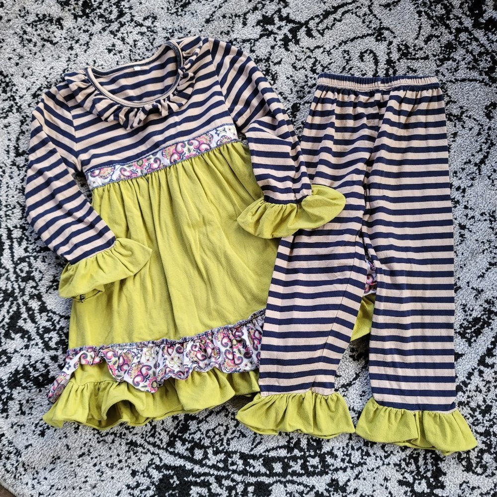🎄Boutique Peasant Top Ruffle Pants Green Tan Navy Stripe Set Kids 5 5T